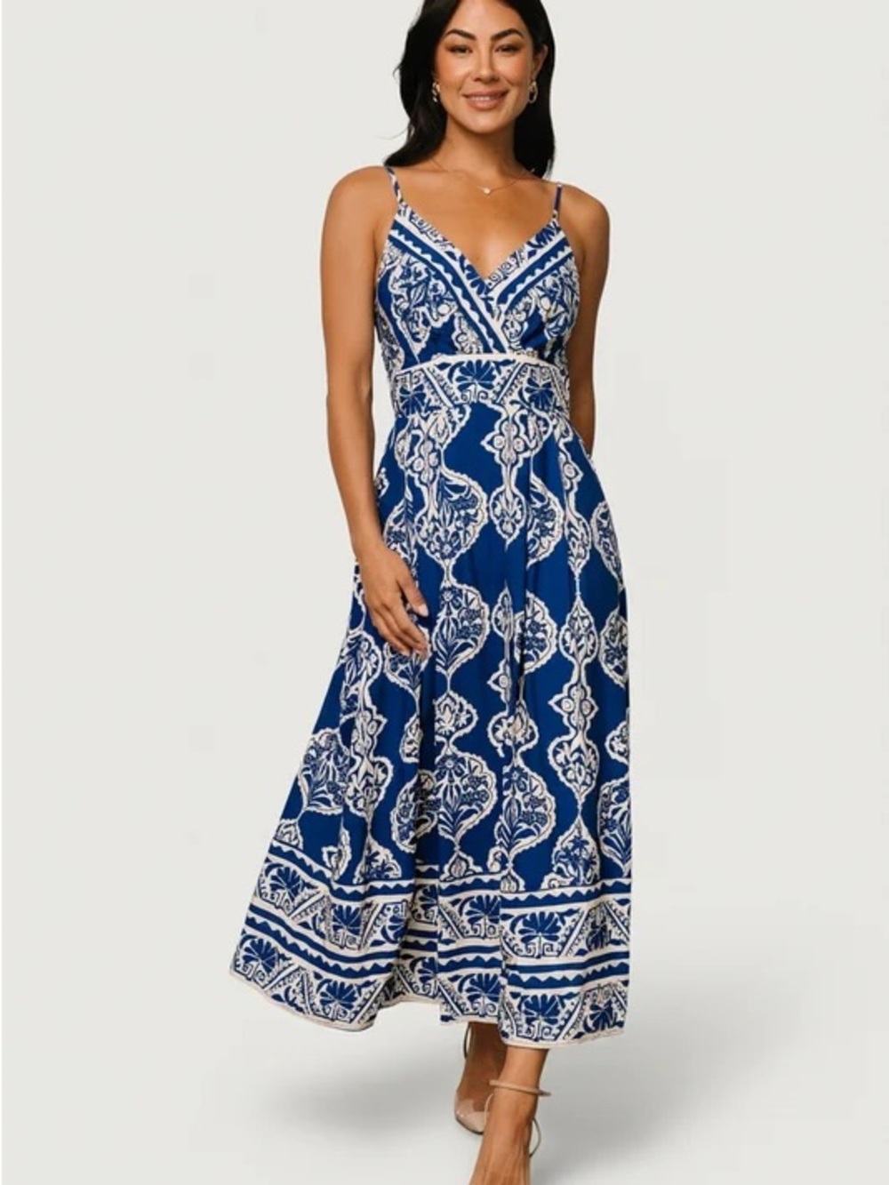 Baltic Born Navy Blue and White Printed Spaghetti-Strap Maxi Dress